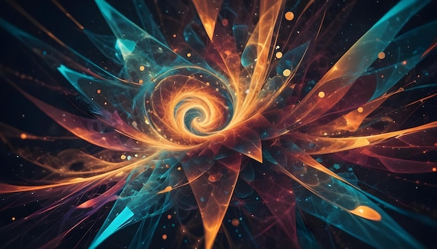 Abstract fractal pattern with a central vortex of orange and blue surrounded by sharp geometric shapes