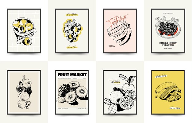 Abstract fruits posters template Modern trendy minimal style Exotic Healthy Food