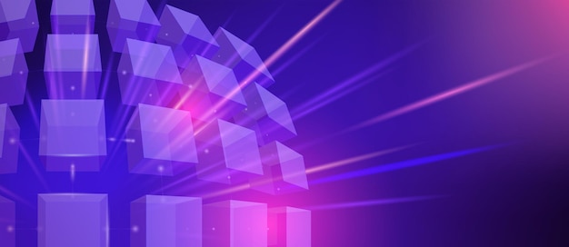 Abstract futuristic neon illustration with 3D cubes and rays on a blue background. Vector wallpaper for digital technology concept design.