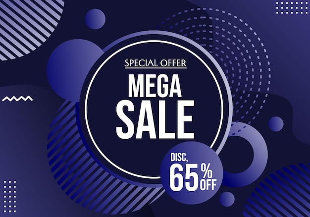 abstract geometric background with mega sale text advertising banner with dark blue gradient color