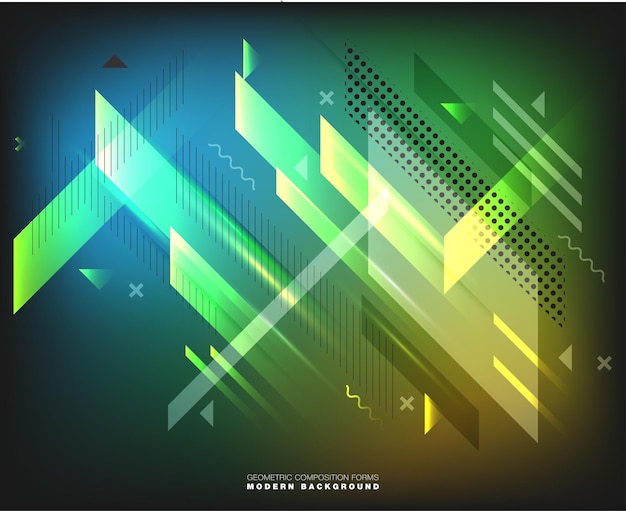 Abstract geometric composition forms modern background with decorative triangles and patterns backdrop vector illustration set