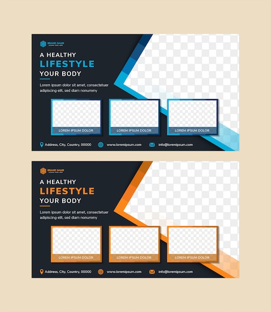 abstract geometric flyer template design for promotion of healthy lifestyle two variation colors for choose are flat blue and orange triangle and rectangle shape of space for photo dark background