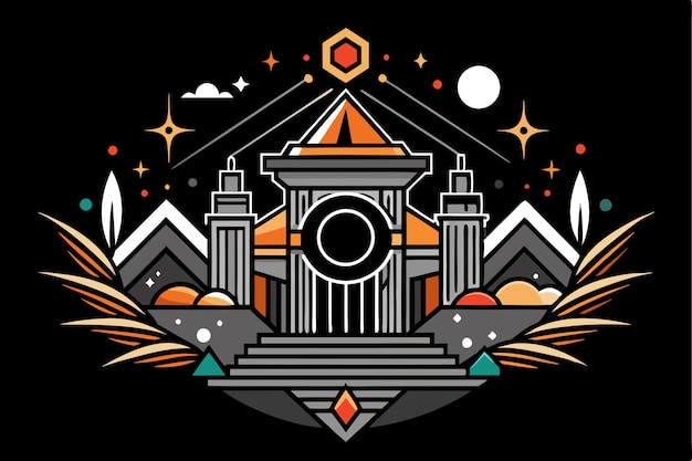 Abstract Geometric Illustration of a Building with Stars and Mountains