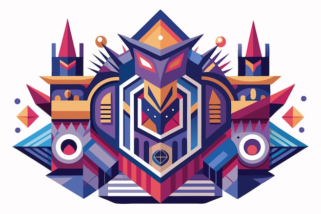 Abstract Geometric Illustration of a Masked Figure with Towers