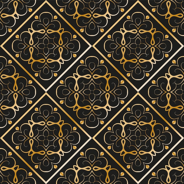 Abstract geometric pattern with lines, rhombuses A seamless background. Dark blue and gold texture.