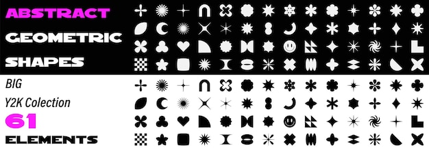 Abstract geometric shapes Y2k elements collection Silhouette and linear style Vector illustration