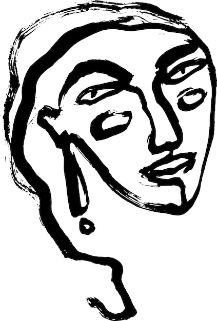 Abstract girl line art rough dry brush portrait