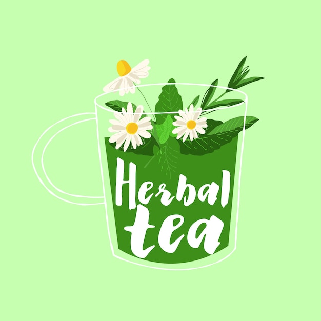 Abstract glass cup illustration with herbal chamomile tea