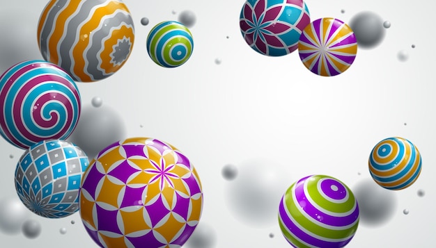 Abstract glossy realistic spheres vector background with blank copy space, composition of flying balls decorated with patterns, 3D mixed realistic globes, realistic depth of field effect.