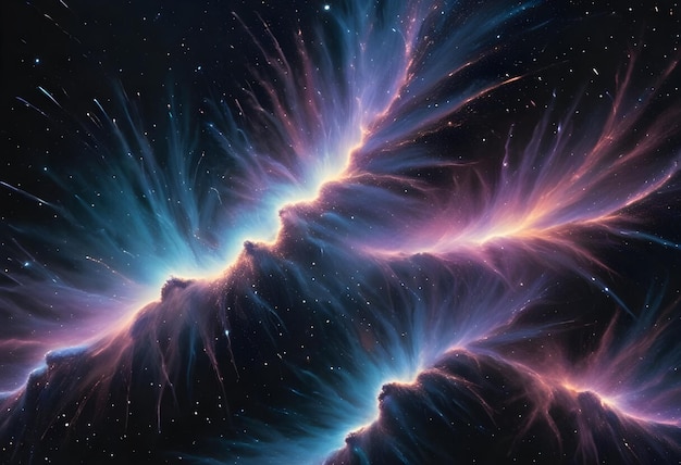 Abstract glowing cosmic clouds in pink purple and blue tones against a dark starry background resembling a nebula