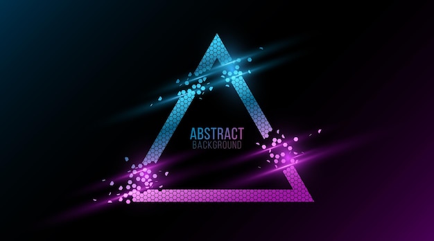 Abstract glowing triangular banner of crumbling honeycombs with light effect on dark background Disintegrating triangle Digital banner for your design Vector illustration