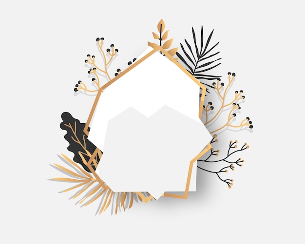 Abstract gold floral frame with exotic tropical leaves, branches, berries. Luxury decorative template for text. Empty modern polygonal geometric white banner. Polyhedron closeup. 