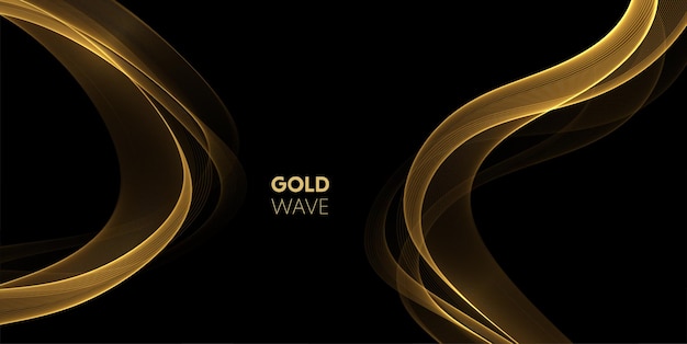 Abstract Gold smoke Waves. Shiny golden moving lines design element on dark background for gift, greeting card and disqount voucher. Vector Illustration