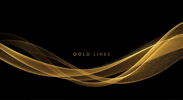 Abstract Gold smoke Waves. Shiny golden moving lines design element with glitter effect on dark background for gift, greeting card and disqount voucher. Vector Illustration