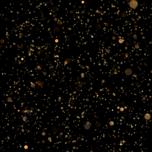 Abstract gold sparkle shine light confetti bokeh on glittering black background. Luxury shimmer texture template. 