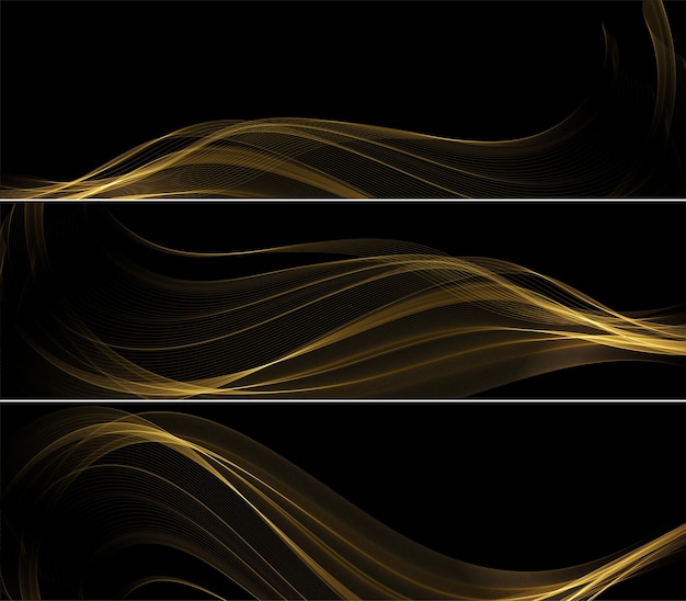 Abstract Gold Waves. Shiny golden moving lines design element with glitter effect on dark background for gift, greeting card and disqount voucher. Vector Illustration