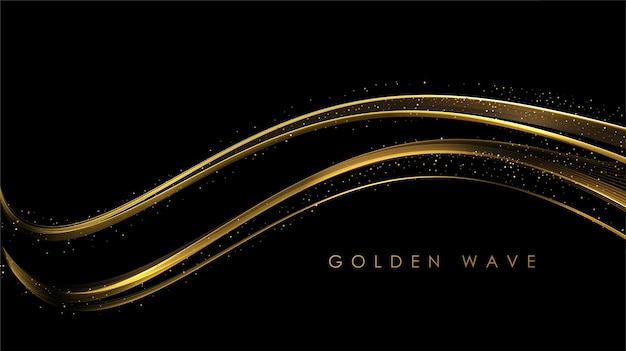 Abstract gold waves shiny golden moving lines design element with glitter effect on dark background for greeting card and disqount voucher