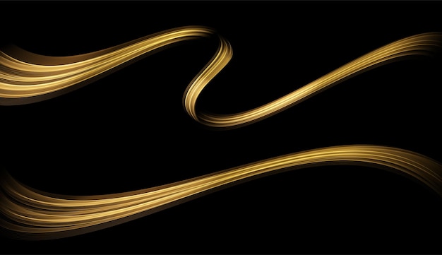 Abstract Gold Waves. Shiny golden moving lines design element with glitter effect on dark background for greeting card and disqount voucher.