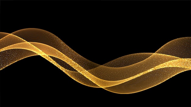 Abstract Gold Waves. Shiny golden moving lines design element with glitter effect on dark background for greeting card and disqount voucher.