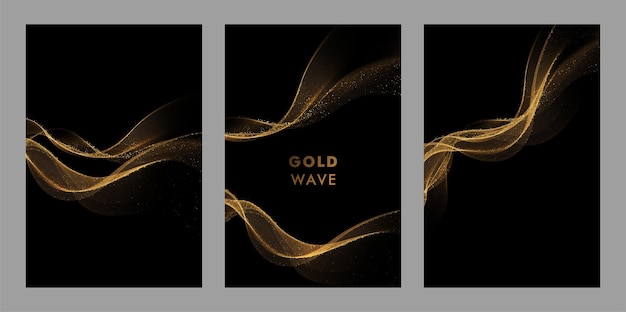 Abstract Gold Waves. Shiny golden moving lines design element with glitter effect on dark background for greeting card and disqount voucher.