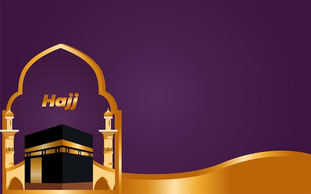 Abstract golden gate of the mosque and kabaah alharam mosque in desert with purple background Hajj concept Vector Illustration