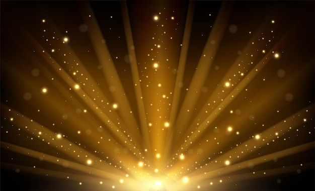 Abstract golden light rays with sparks. Exploding gold glitter with sparkling