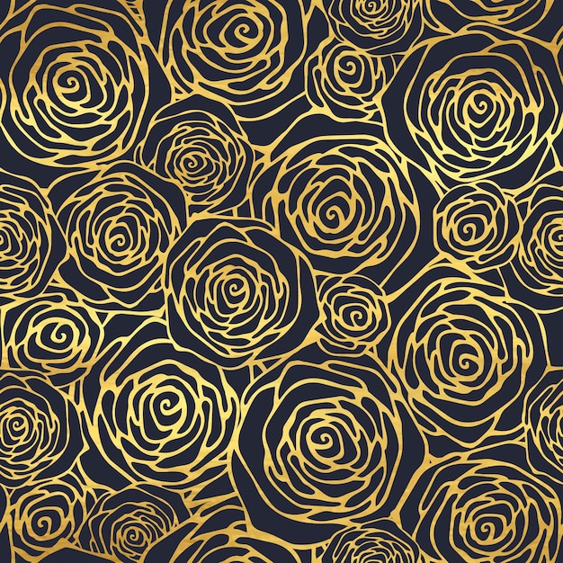 Abstract golden seamless pattern with roses Waves curly lines spiral floral ornament