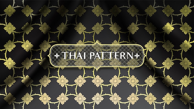 Vector abstract golden traditional thai pattern, connecting flowers, on wavy smooth curve black silk fabric background