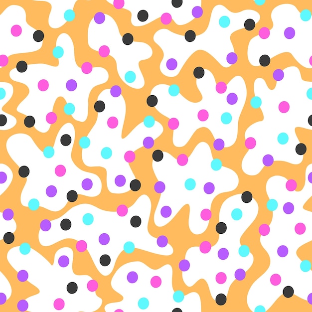 Abstract graphic seamless pattern with spots of different shapes and dots of different colors