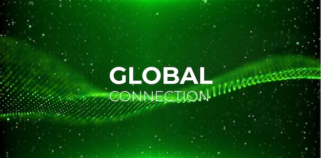 Abstract green wav background Flow wave with dot landscape Global connection concept