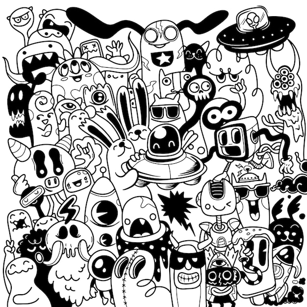 Abstract grunge urban pattern with monster character super drawing in graffiti style vector illustration