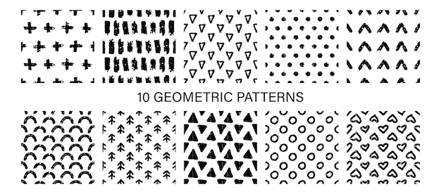 Abstract hand drawn geometric black and white minimalistic seamless patterns set with brush texuture