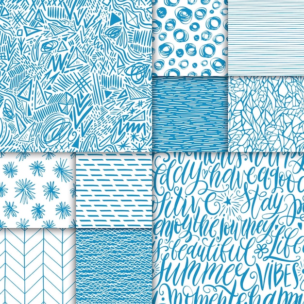 Abstract hand drawn geometric simple minimalistic seamless patterns set Hand lettering