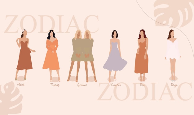 Abstract hand drawn illustrations with chic female zodiac