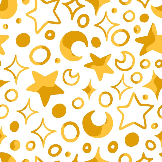 Abstract hand drawn vector seamless pattern. Bright colored ornament of cute stars and moons. Universal design for print, wrapping paper, fabric, textile, wallpapers, backgrounds, decoration.