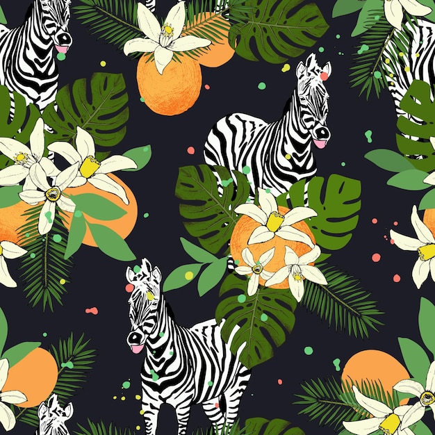 Abstract hand painted seamless animal background Isolated zebras tropical pattern with palms Vector