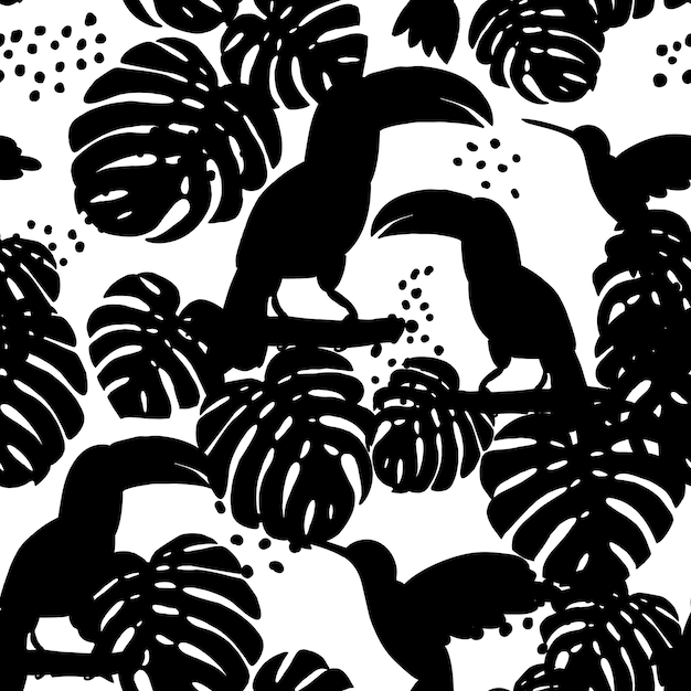 Abstract hand painted seamless animal Black silhouettes of toucans birds pattern Vector