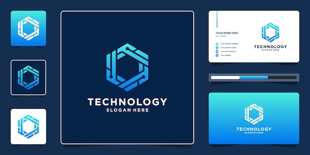 Abstract hexagon geometric technology logo design with dot and circuit symbol