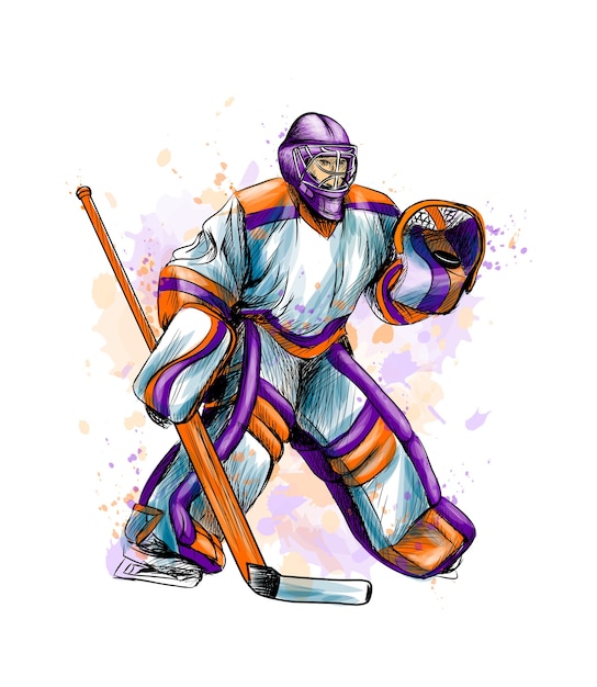 Abstract hockey goalkeeper from splash of watercolors. Hand drawn sketch. Winter sport.  illustration of paints