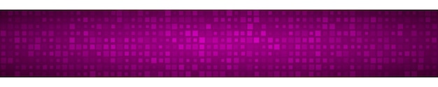 Abstract horizontal banner or background of small squares or pixels of different sizes in purple colors