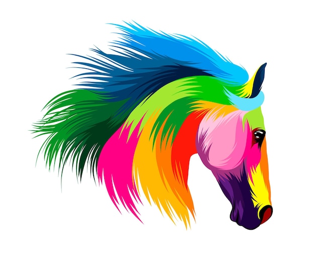 Abstract horse head portrait from multicolored paints Colored drawing Vector illustration