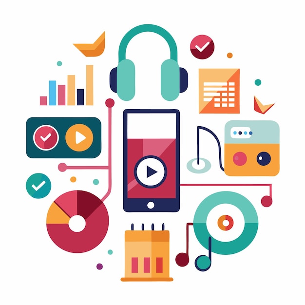 Abstract illustration of audio and video technology with headphones a smartphone a music player a CD and a speaker