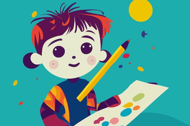 Abstract illustration of children boy and smiling boy holding a pencil