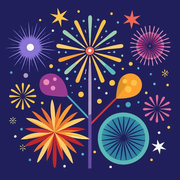 Vector abstract illustration of colorful fireworks against a dark blue background