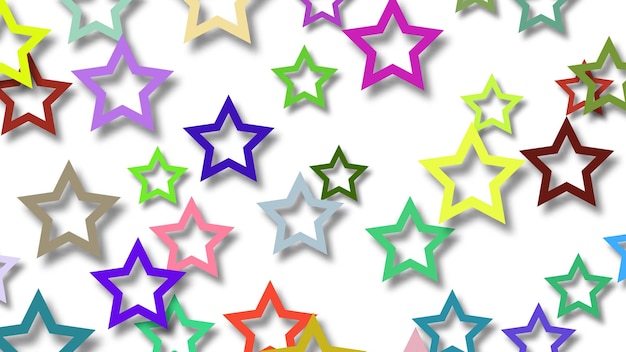 Abstract illustration of randomly arranged colored stars with soft shadows on white background