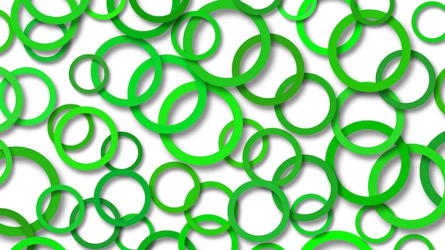 Abstract illustration of randomly arranged green rings with soft shadows on white background