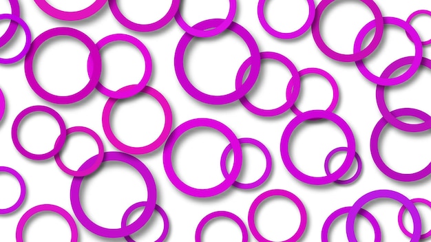 Abstract illustration of randomly arranged purple rings with soft shadows on white background