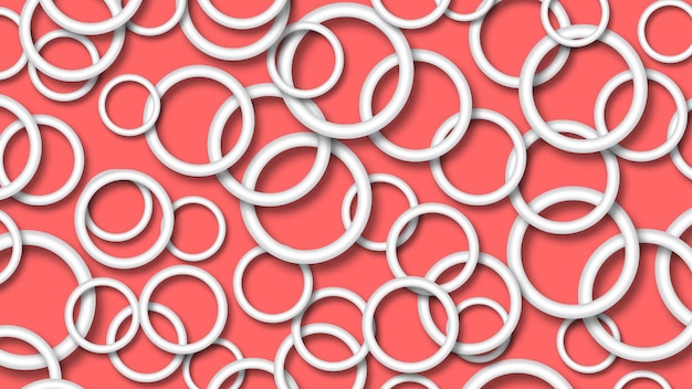 Abstract illustration of randomly arranged white rings with soft shadows on peach background