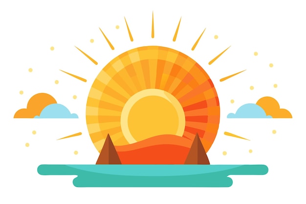 Vector abstract illustration of a sunset over water with two triangular mountains