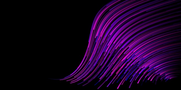 Abstract illustration with many thin curved stripes in shades of blue and purple colors on black background